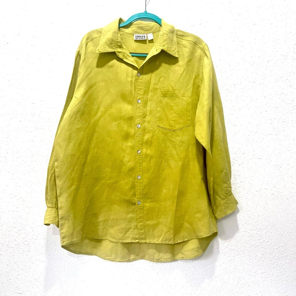 Vintage Chico's 100% linen Vibrant Yellow Casual Button‎ Down Shirt XL